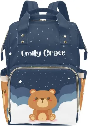 Brown Bear Starry Stars Personalized Diaper Bag Backpack,Custom Name Multi Function Diaper Backpack Baby Nappy Bag Mommy Bag Gift