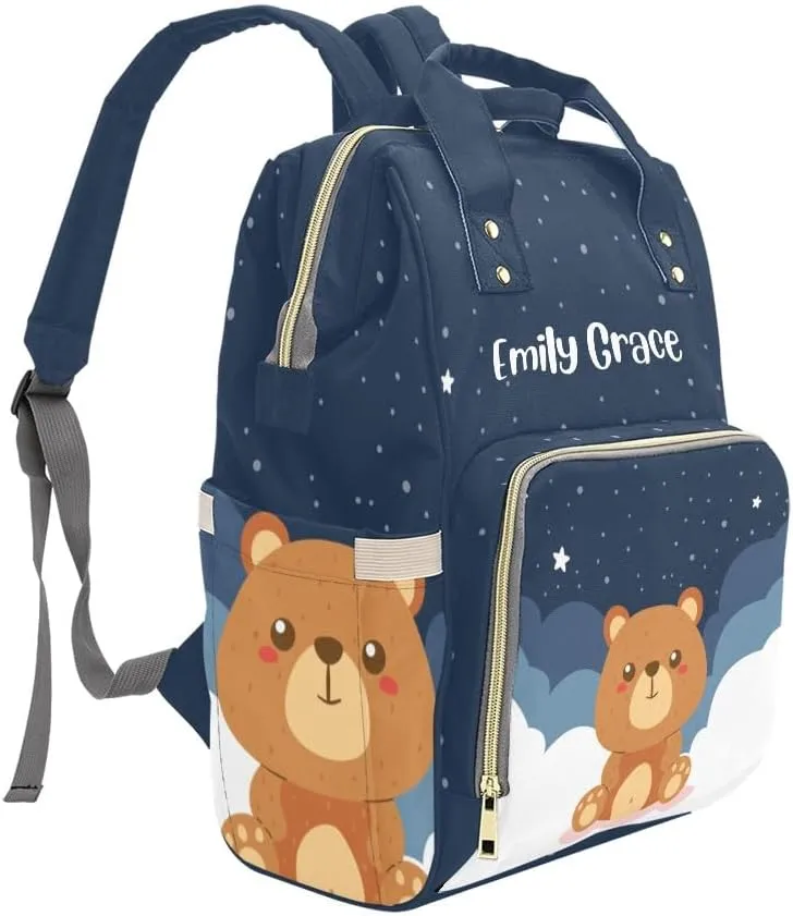 Brown Bear Starry Stars Personalized Diaper Bag Backpack,Custom Name Multi Function Diaper Backpack Baby Nappy Bag Mommy Bag Gift