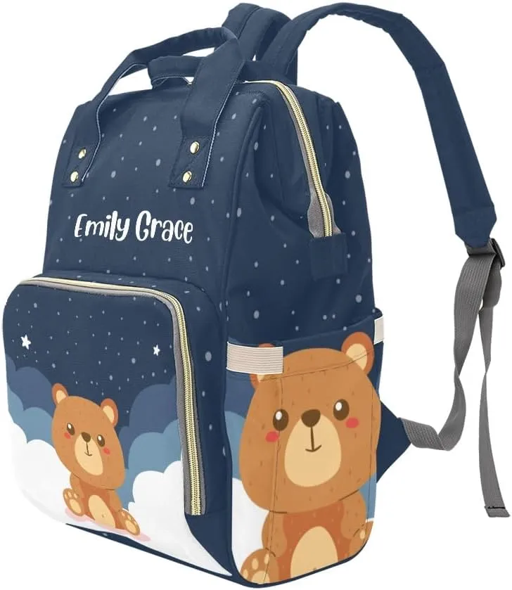 Brown Bear Starry Stars Personalized Diaper Bag Backpack,Custom Name Multi Function Diaper Backpack Baby Nappy Bag Mommy Bag Gift