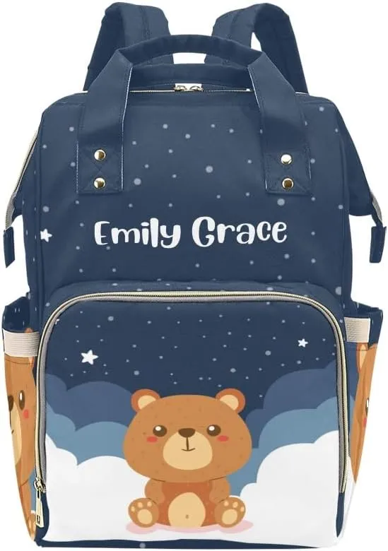 Brown Bear Starry Stars Personalized Diaper Bag Backpack,Custom Name Multi Function Diaper Backpack Baby Nappy Bag Mommy Bag Gift