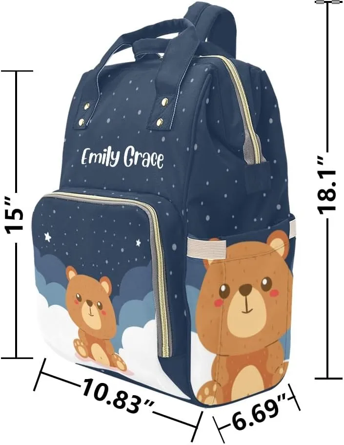 Brown Bear Starry Stars Personalized Diaper Bag Backpack,Custom Name Multi Function Diaper Backpack Baby Nappy Bag Mommy Bag Gift