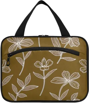 Brown Line Flower Art hanging makeup bag for travel with hook, designer waterproof large capacity makeup bag for ladies toilet bolso de para mujer L