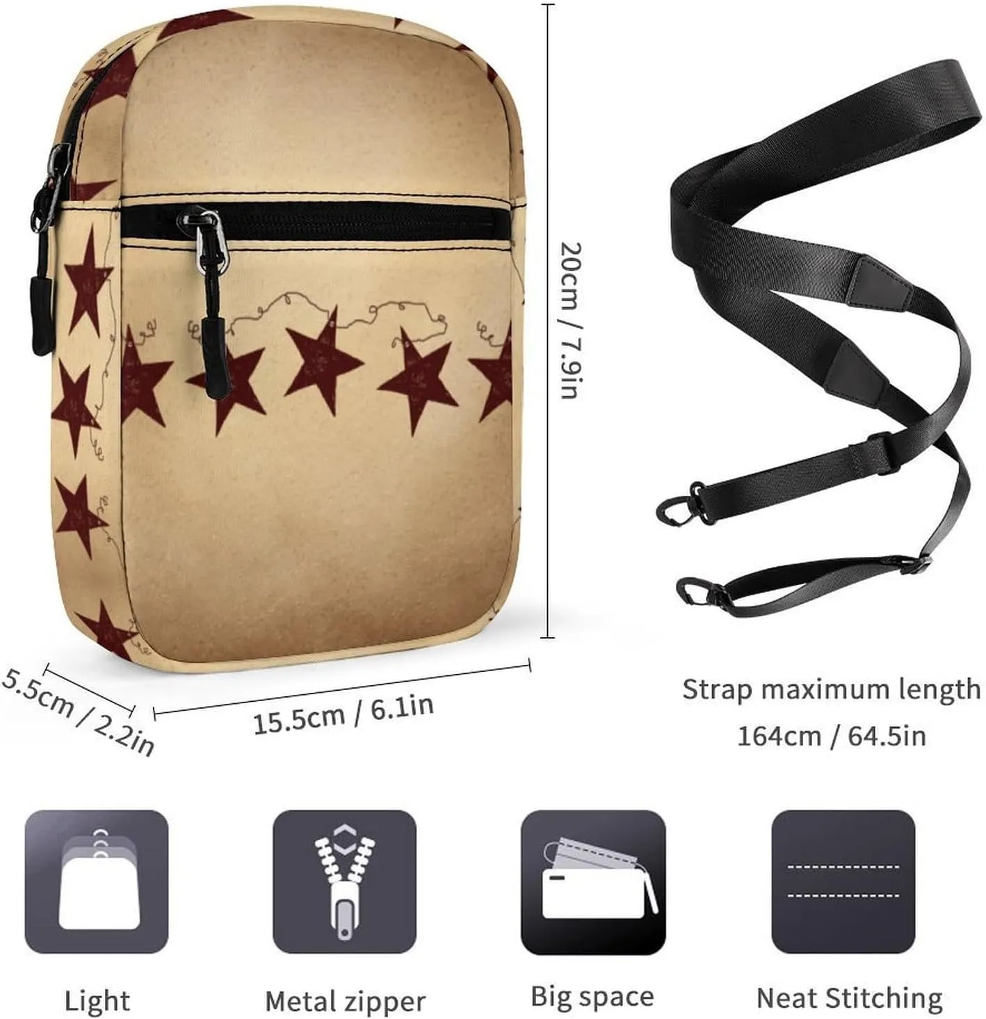 Brown Retro Star Primitive Countryside Detachable Shoulder Strap Small Shoulder Bag Unisex