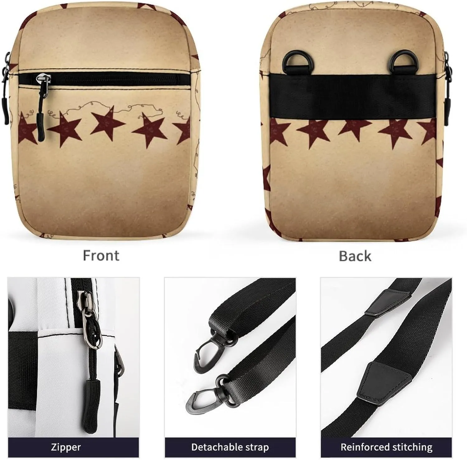Brown Retro Star Primitive Countryside Detachable Shoulder Strap Small Shoulder Bag Unisex