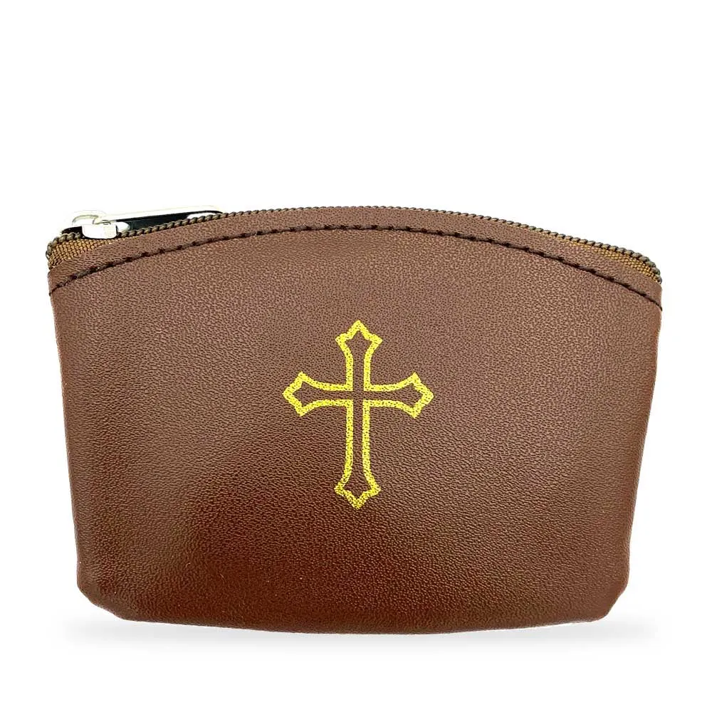 Brown Rosary Pouch with Zipper and Gold Cross Imprint