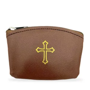 Brown Rosary Pouch with Zipper and Gold Cross Imprint
