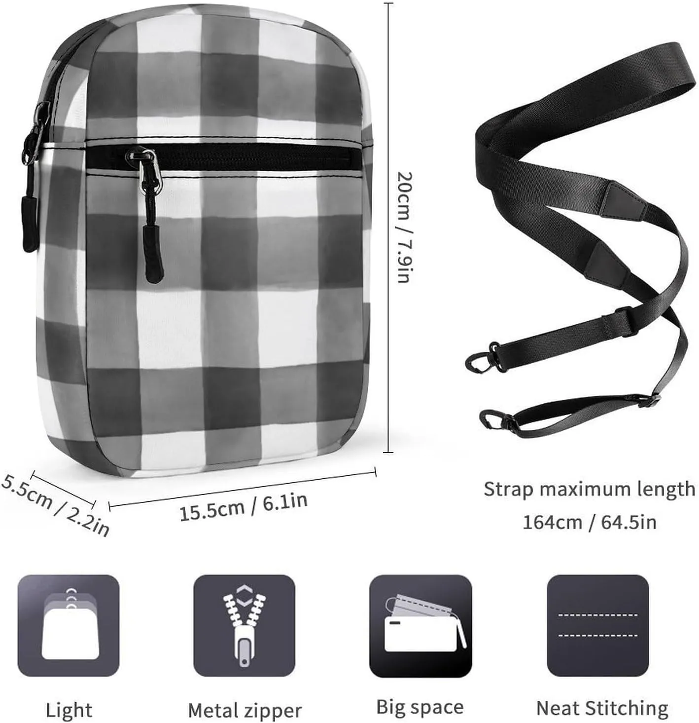 Buffalo Check Detachable Shoulder Strap Small Shoulder Bag Unisex