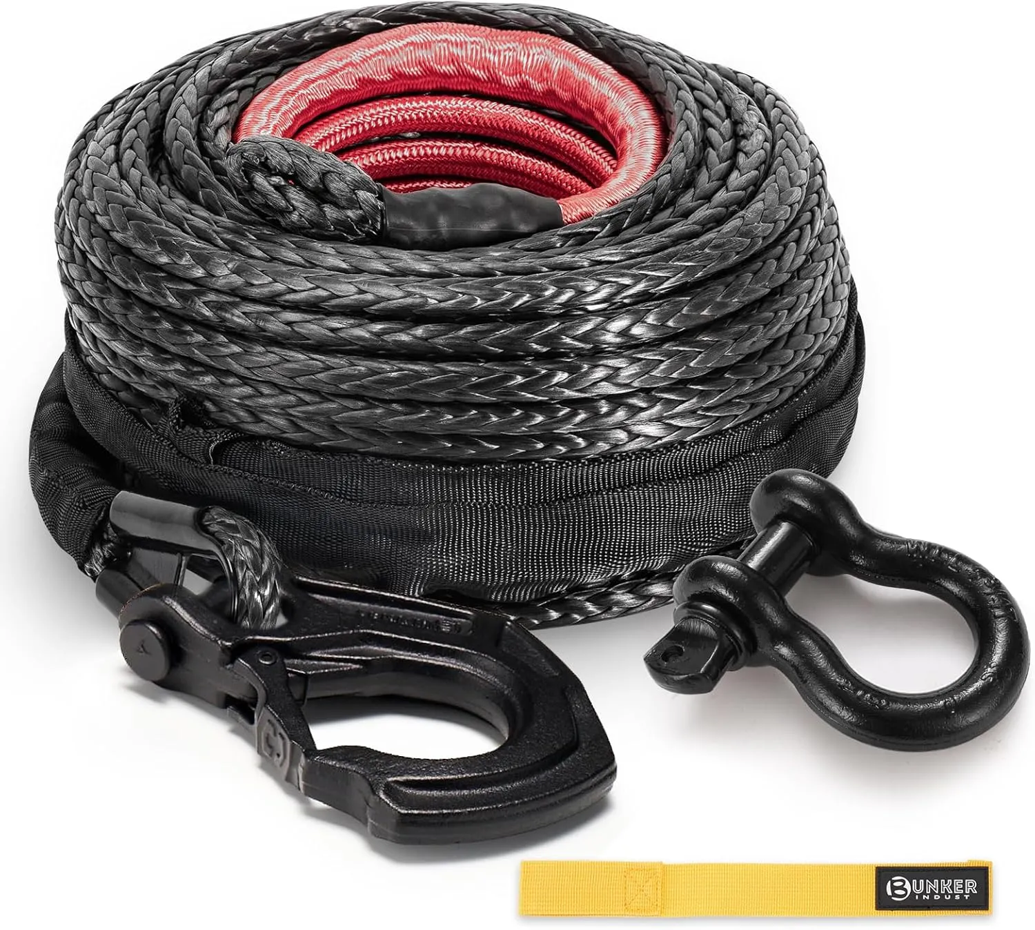 BUNKER INDUST Synthetic Winch Rope   D-Ring Shackle   Winch Hook,100ft x 3/8" 26500Lbs Winch Cable Replacement Kit with Protective Sleeve for Truck, Jeep Off-Road Recovery
