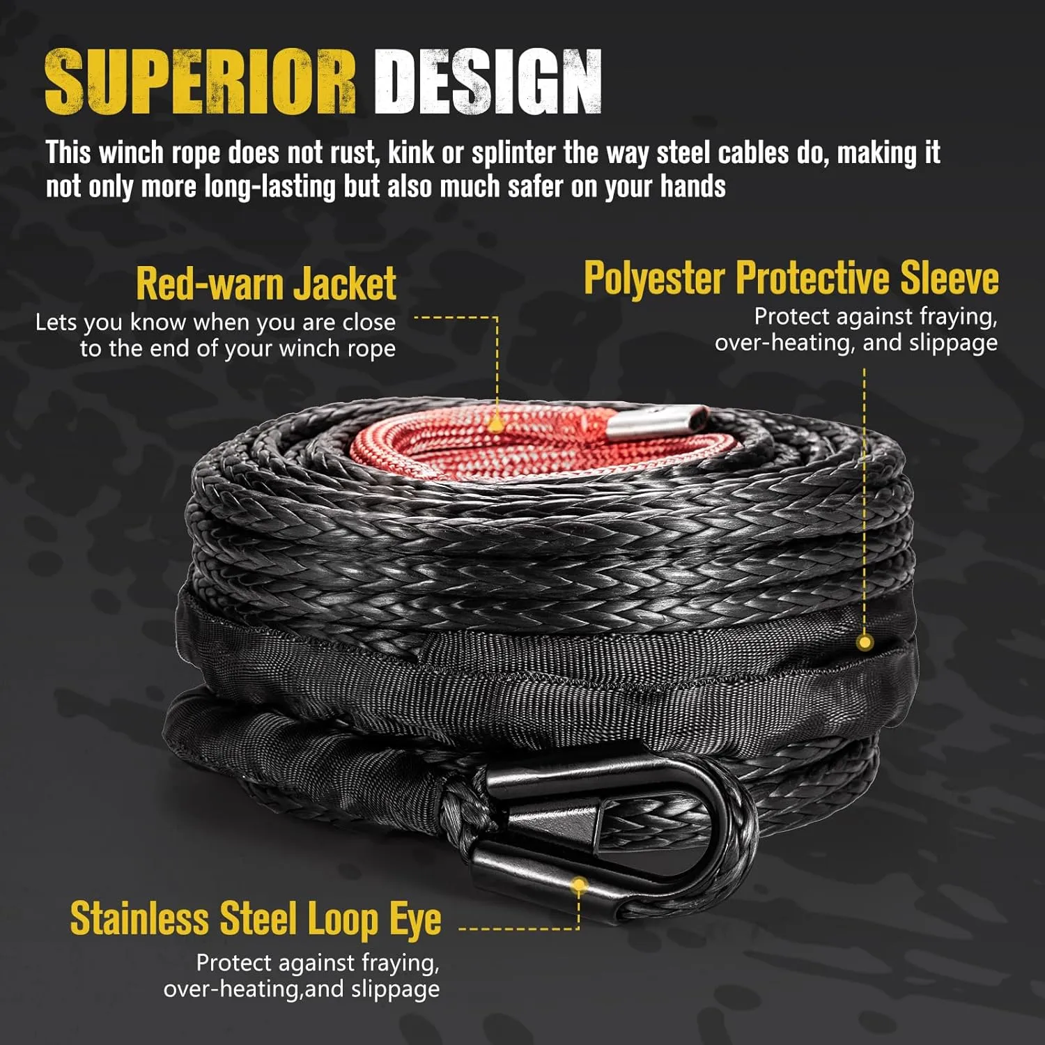 BUNKER INDUST Synthetic Winch Rope   D-Ring Shackle   Winch Hook,100ft x 3/8" 26500Lbs Winch Cable Replacement Kit with Protective Sleeve for Truck, Jeep Off-Road Recovery
