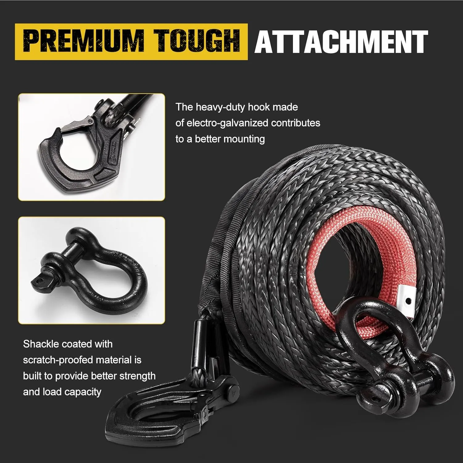 BUNKER INDUST Synthetic Winch Rope   D-Ring Shackle   Winch Hook,100ft x 3/8" 26500Lbs Winch Cable Replacement Kit with Protective Sleeve for Truck, Jeep Off-Road Recovery