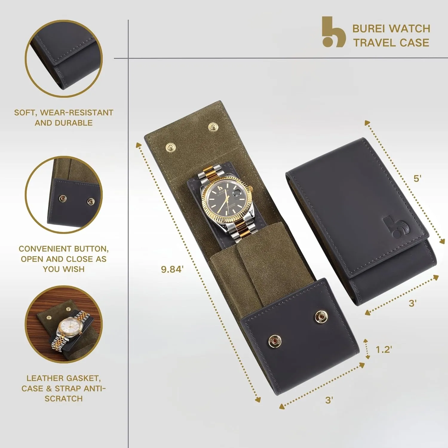 BUREI Leather Watch Travel Case Pouch Portable Watch Case for Men Single watch band storage bag Watch Accessories (Brown Black)