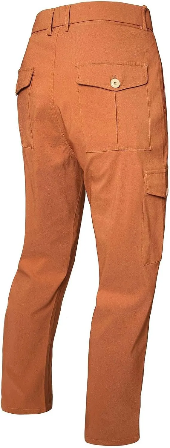 Business Casual Pants for Men Slim Fit Buttoned Multi-Pocket Straight Leg Hiking Pants Straight Work Cargo Pants