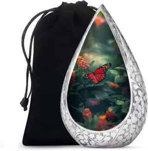 Butterfly Ash Urns for Humans for Men and Women - Flowers Large Drop Burial Urns for Ashes Cremation - Dad and Mom Urn for Human Ashes with Velvet Bag - Holds 200 Cubic, 10 Inch