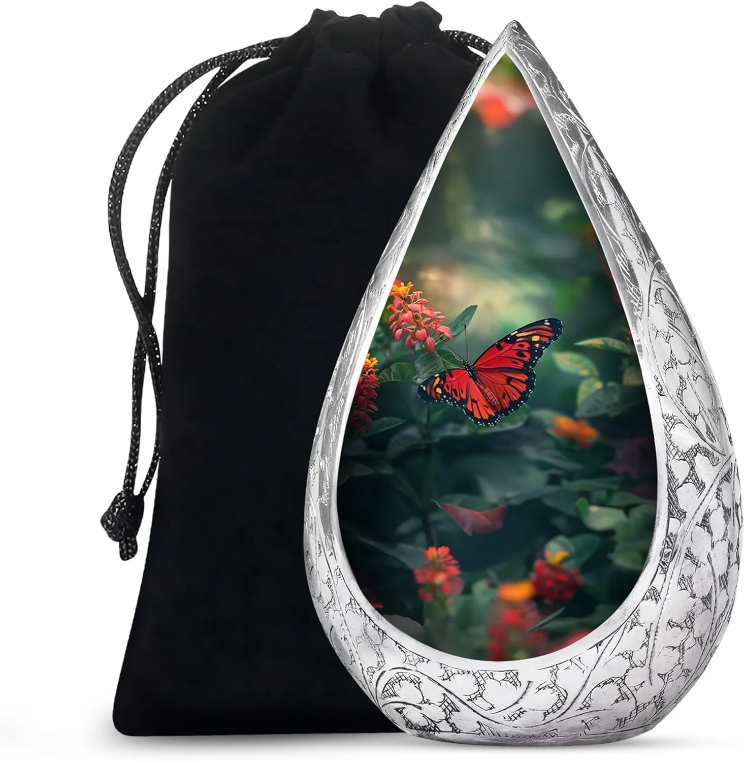 Butterfly Ash Urns for Humans for Men and Women - Flowers Large Drop Burial Urns for Ashes Cremation - Dad and Mom Urn for Human Ashes with Velvet Bag - Holds 200 Cubic, 10 Inch