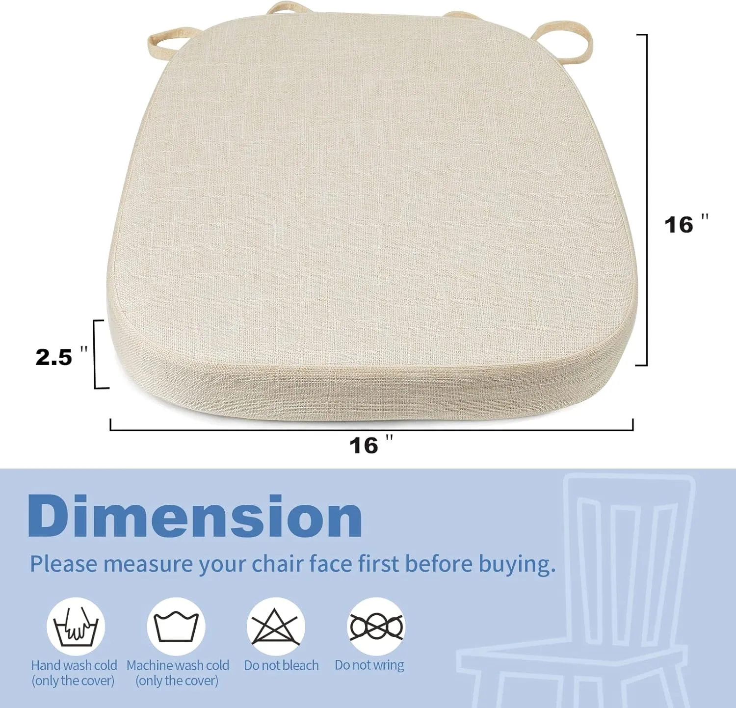 BUYUE Thickened 2.5" Original Linen Dining Chair Cushion, U-Shape High Density Foam Comfortable Chair Pad for Kitchen, Slip Resistant Indoor Seat Cushion (1 Piece, Beige
