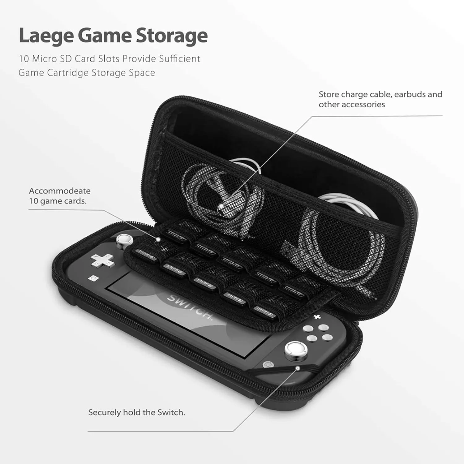 CALLCASE Carrying Case for Switch Lite with Glass Screen Protector, Portable Hard Shell Travel Case Storage Bag for Switch Lite Console and Accessories holds 10 Game Cartridges - Black