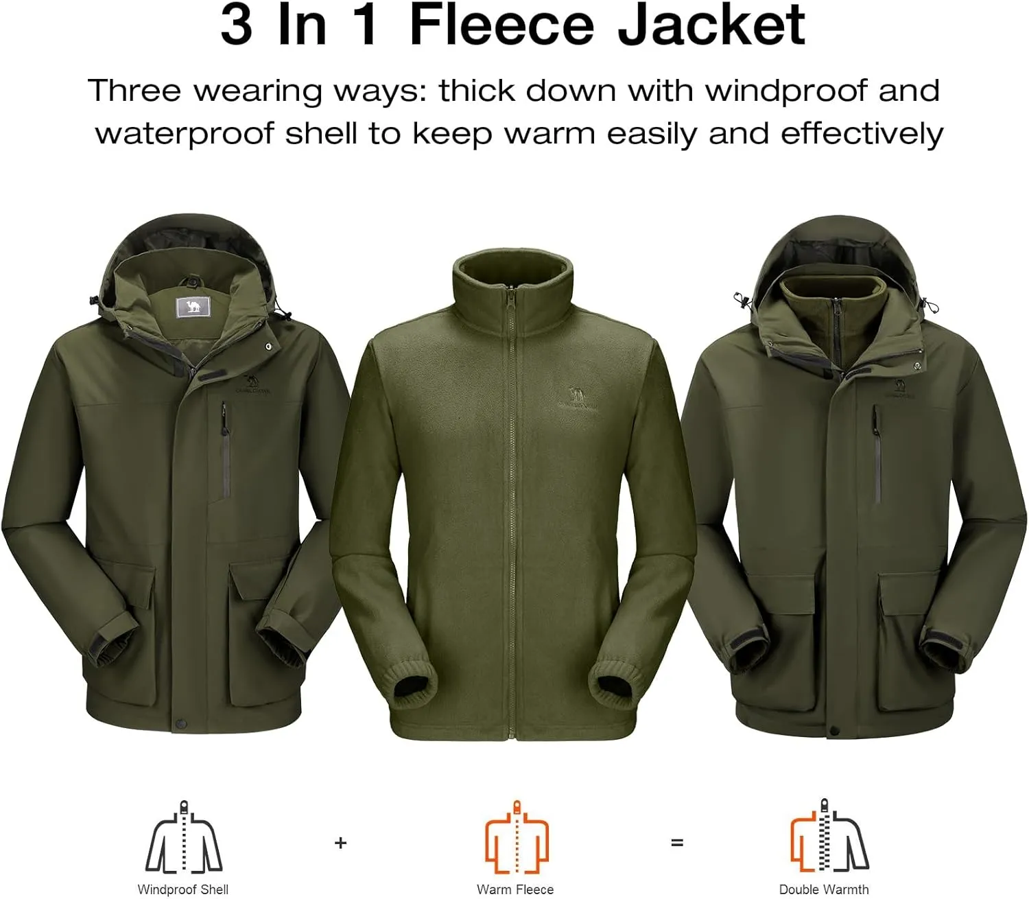 CAMEL CROWN Men's Ski Jacket 3 in 1 Waterproof Winter Jacket Snow Jacket Windproof Hooded with Inner Warm Fleece Coat