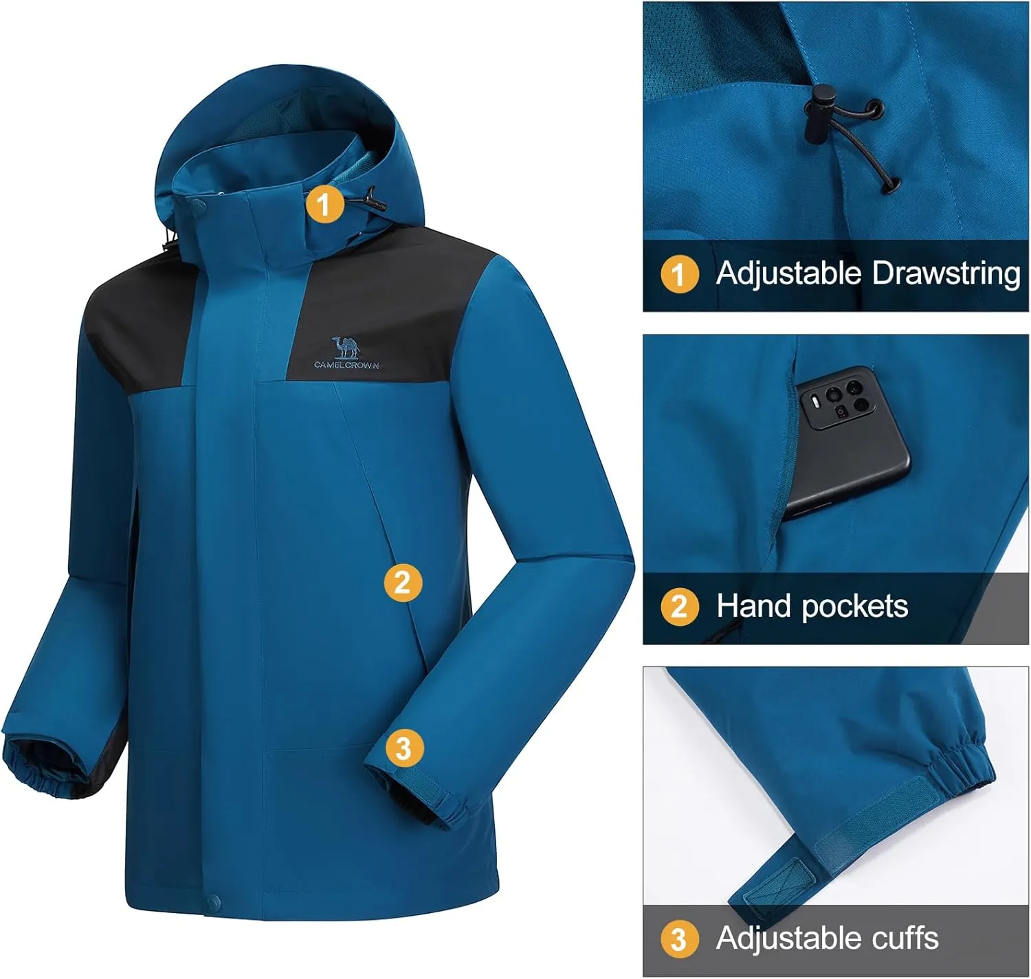 CAMEL CROWN Men's Waterproof Jacket Rain Coat Windbreaker Hooded for Outdoor Hiking Climbing Traveling
