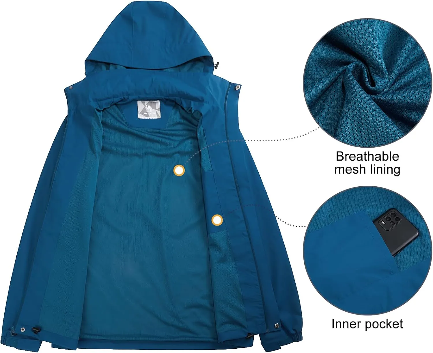 CAMEL CROWN Men's Waterproof Jacket Rain Coat Windbreaker Hooded for Outdoor Hiking Climbing Traveling