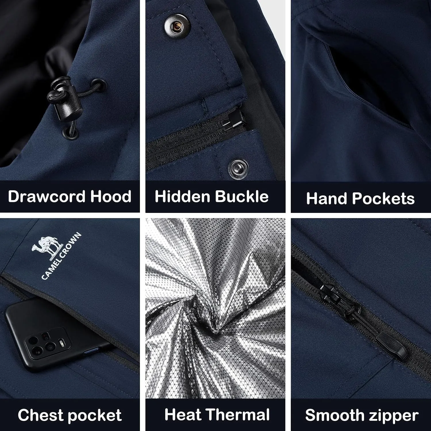 CAMEL CROWN Men's Winter Coat Waterproof Ski Jacket Hooded Windbreaker with Thermal Insulated for Snow Rain Hiking Outdoor