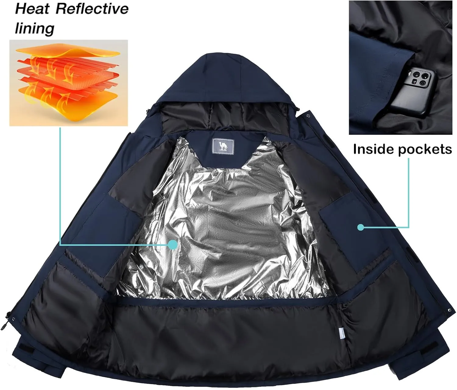 CAMEL CROWN Men's Winter Coat Waterproof Ski Jacket Hooded Windbreaker with Thermal Insulated for Snow Rain Hiking Outdoor