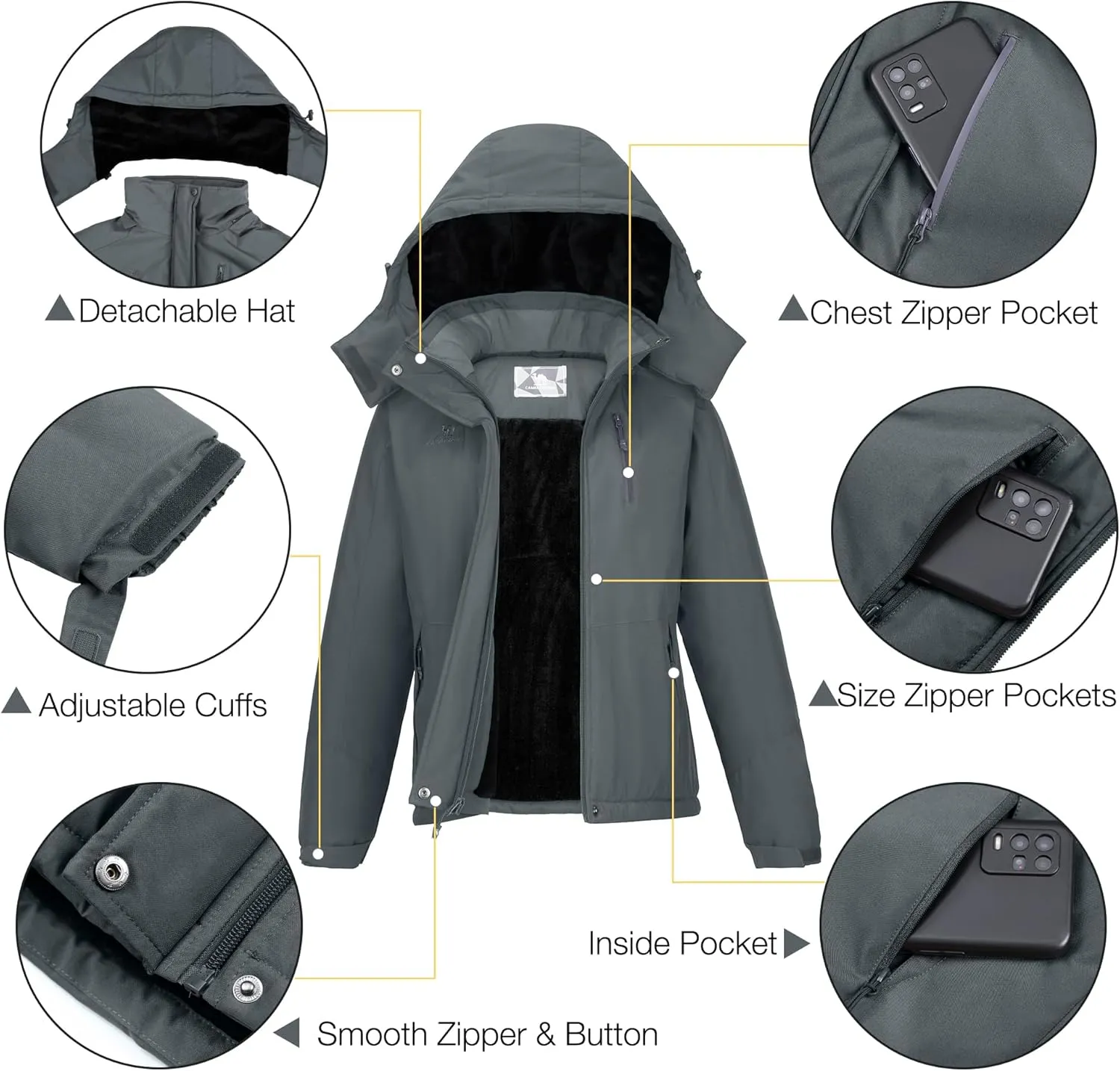 CAMELSPORTS Women's Waterproof Snow Ski Jakcet Fleece Warm Winter Coat Hooded Windproof Insulated Snowboarding Jacket
