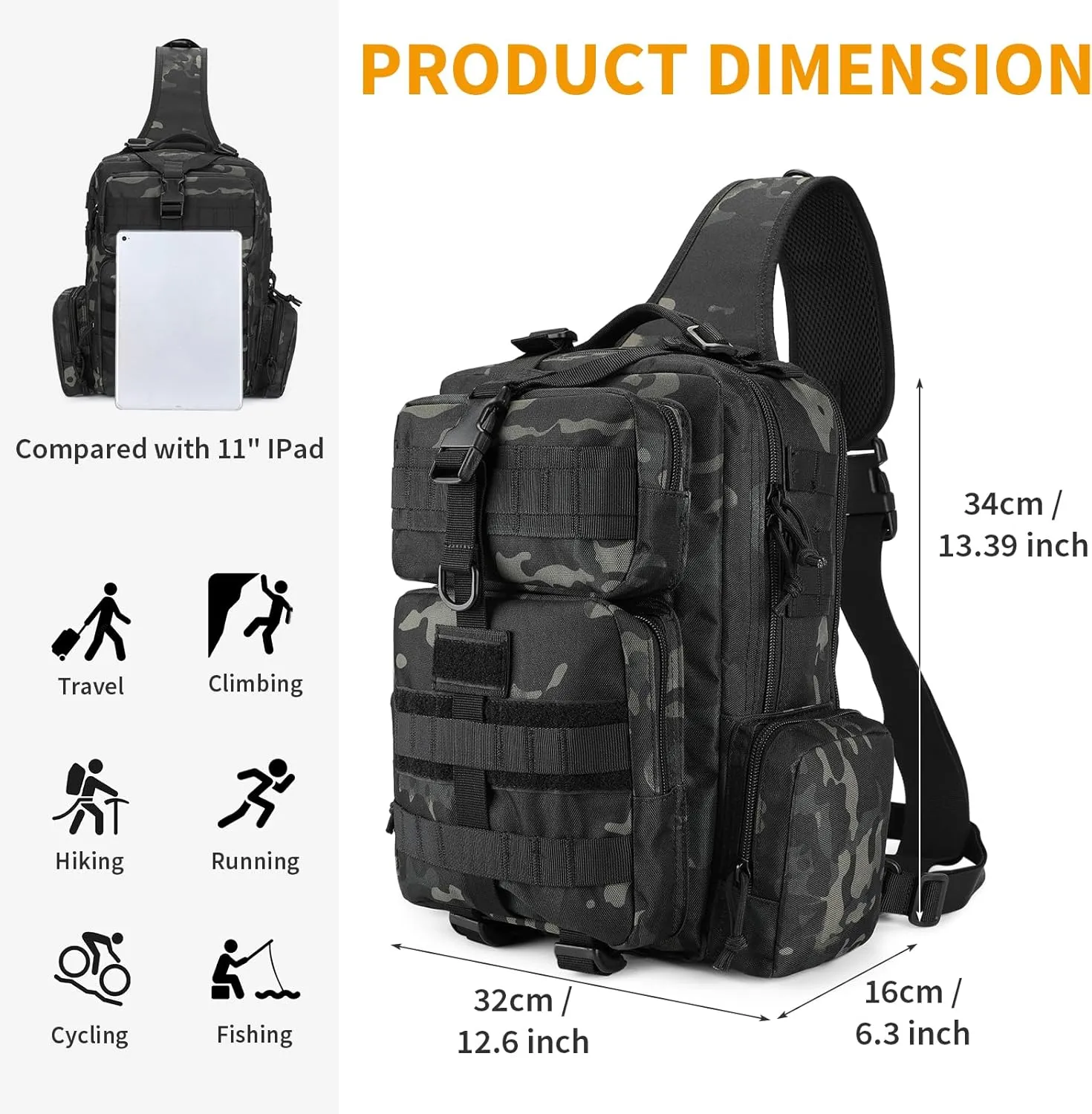 CamGo Large Tactical Shoulder Bag Large Molle Sling Backpack Military One Strap Daypack for Hiking Fishing Cycling Travel (01-CP Black)