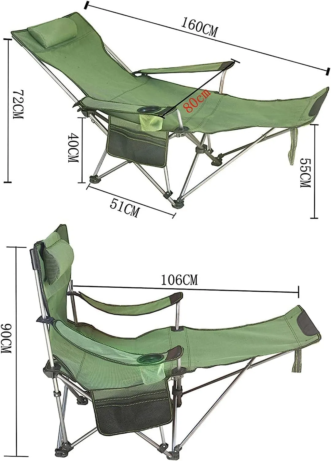 Camping Chair Folding Chairs Lawn Chairs Camping Lounge Chair Portable Reclining Camping Chair Folding Seat With Footrest With Headrest Storage Bag Folding Chair Camp Chair Moon Chair ( Color : Green