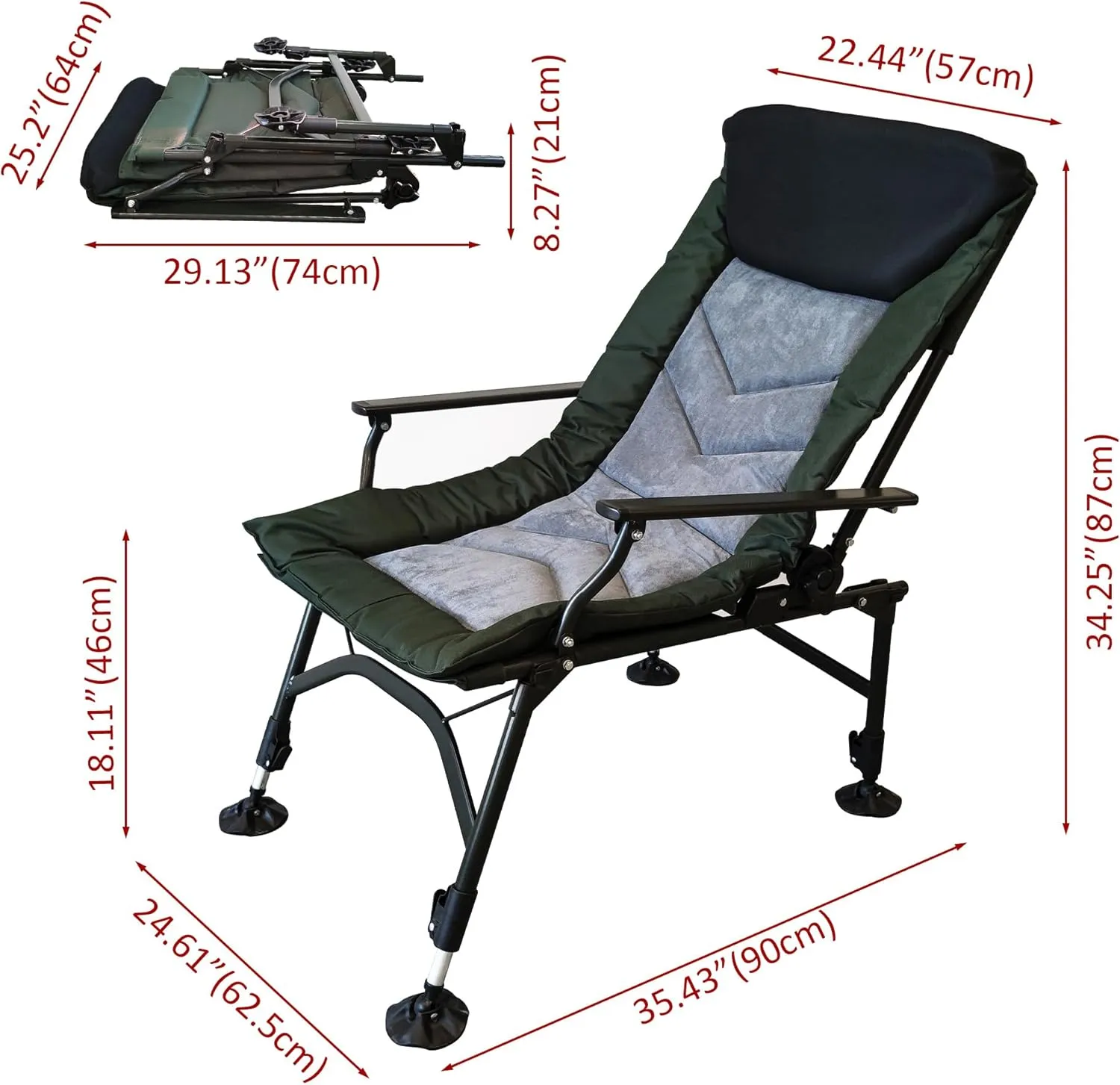 Camping Lounge Chair, Portable Folding Patio Reclining Chair,Fully Removable Cushion, Adjustable High Back Support Portable for Camp, Travel, Picnic,Fishing (Black Grey,Green)