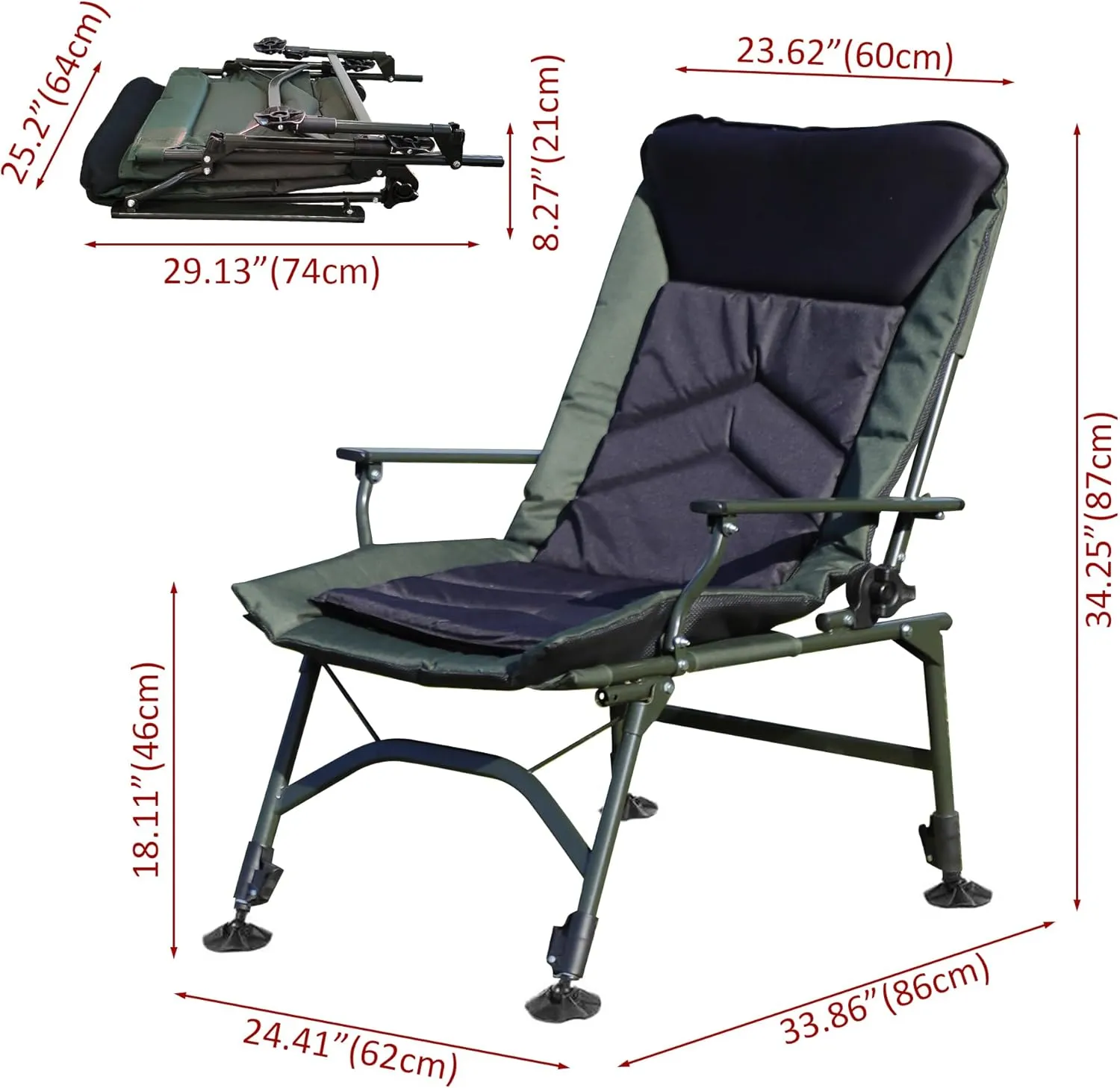 Camping Lounge Chair, Portable Folding Patio Reclining Chair,Fully Removable Cushion, Adjustable High Back Support Portable for Camp, Travel, Picnic,Fishing (Black,Green)