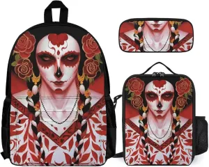 Camping Outdoor Backpack 3 Piece Daypack Climbing Shoulder Bag Big Capacity Daypack Mexican Sugar Skull Floral Women Day Of The Dead Art Daypack Backpack for Man/Women/Adults