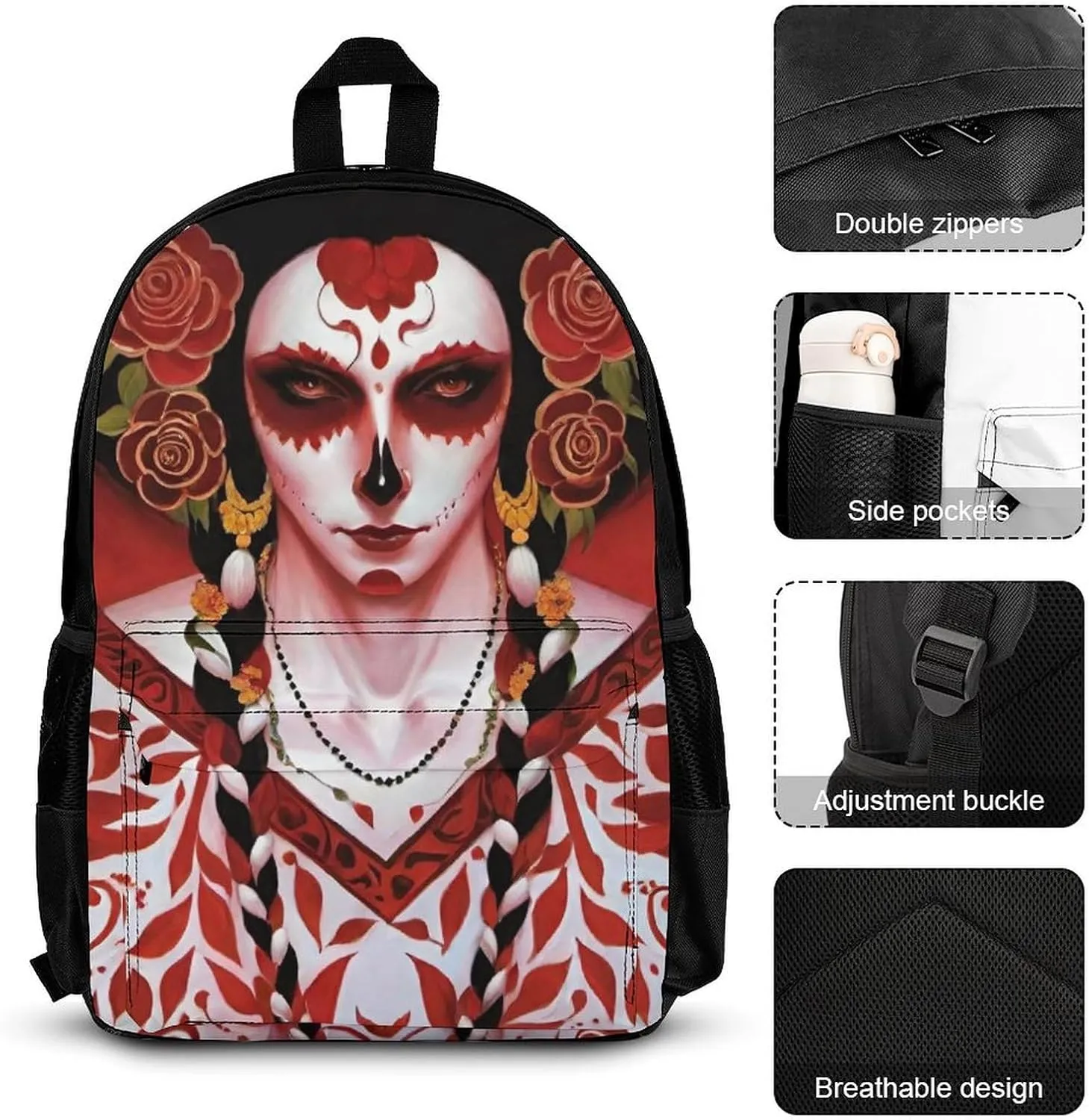 Camping Outdoor Backpack 3 Piece Daypack Climbing Shoulder Bag Big Capacity Daypack Mexican Sugar Skull Floral Women Day Of The Dead Art Daypack Backpack for Man/Women/Adults