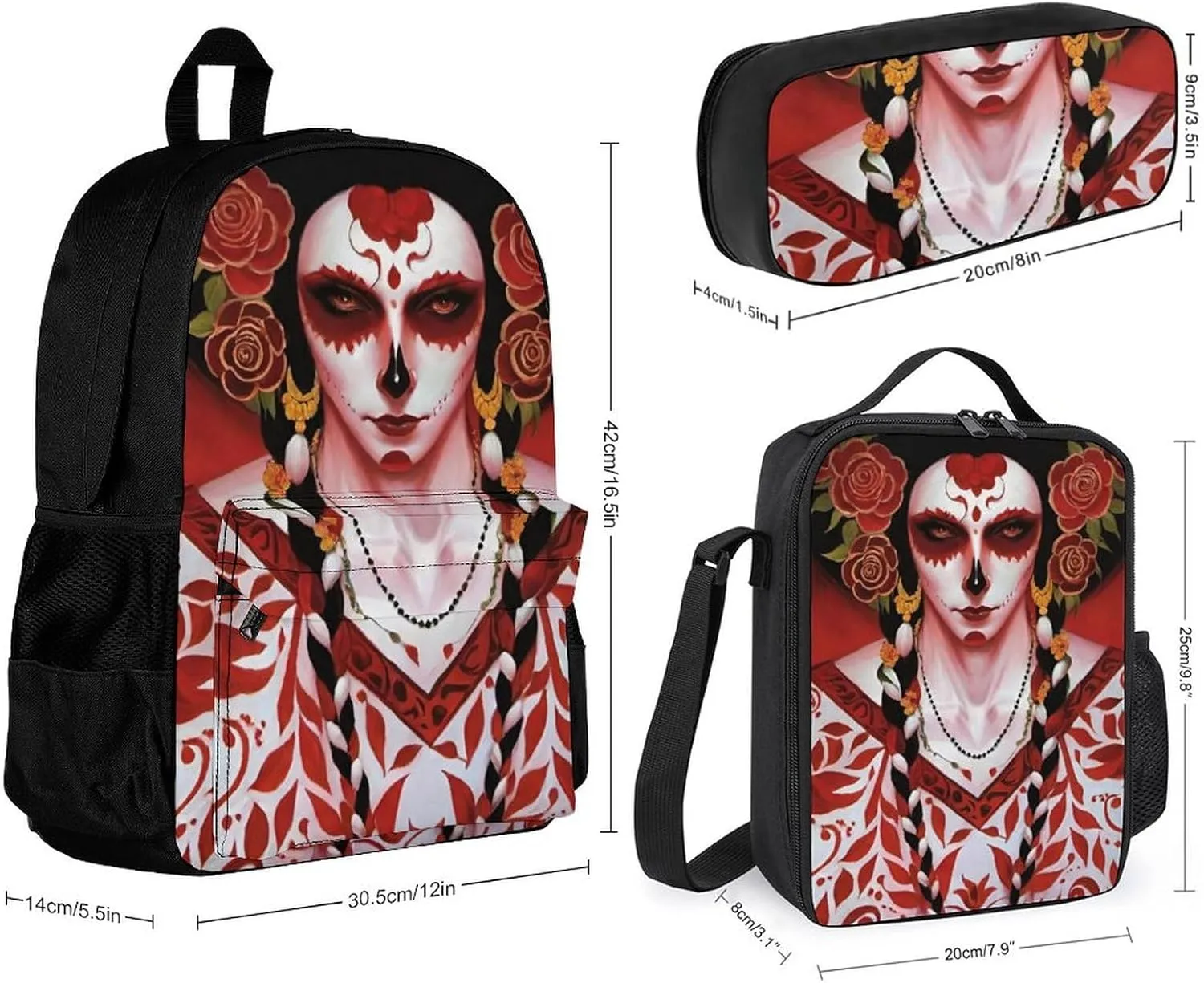 Camping Outdoor Backpack 3 Piece Daypack Climbing Shoulder Bag Big Capacity Daypack Mexican Sugar Skull Floral Women Day Of The Dead Art Daypack Backpack for Man/Women/Adults
