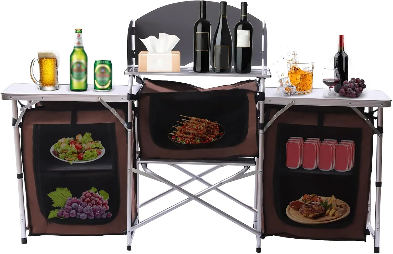 Camping Table, Folding Camping Kitchen Table with 3 Storage Cupboards, Windscreen Portable 3 Heights Adjustable Foldable Cooking Table for BBQ, Camping, Picnic, Indoor Outdoor Use