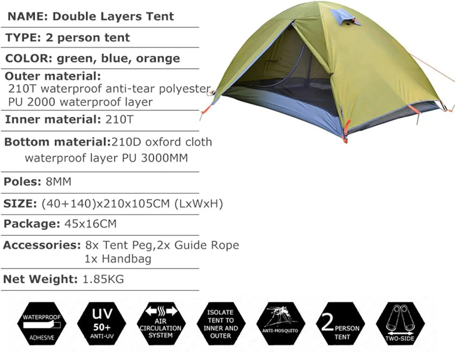 Camping Tents, Backpacking Tent 2 Person Aluminum Pole Lightweight Camping Tent Double Layer Portable Handbag for Hiking Travelling (Color : Green)