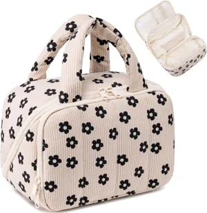 CAMTOP Travel Toiletry Bag for Women Travel Toiletry Organizer Lightweight Large Wide-open Makeup Bag Large Capacity Qulited Cosmetic Bag Puffy for Essentials Organizer (Flower-Black)