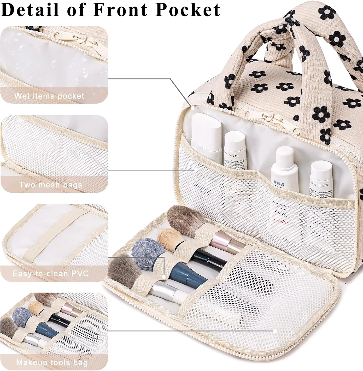 CAMTOP Travel Toiletry Bag for Women Travel Toiletry Organizer Lightweight Large Wide-open Makeup Bag Large Capacity Qulited Cosmetic Bag Puffy for Essentials Organizer (Flower-Black)
