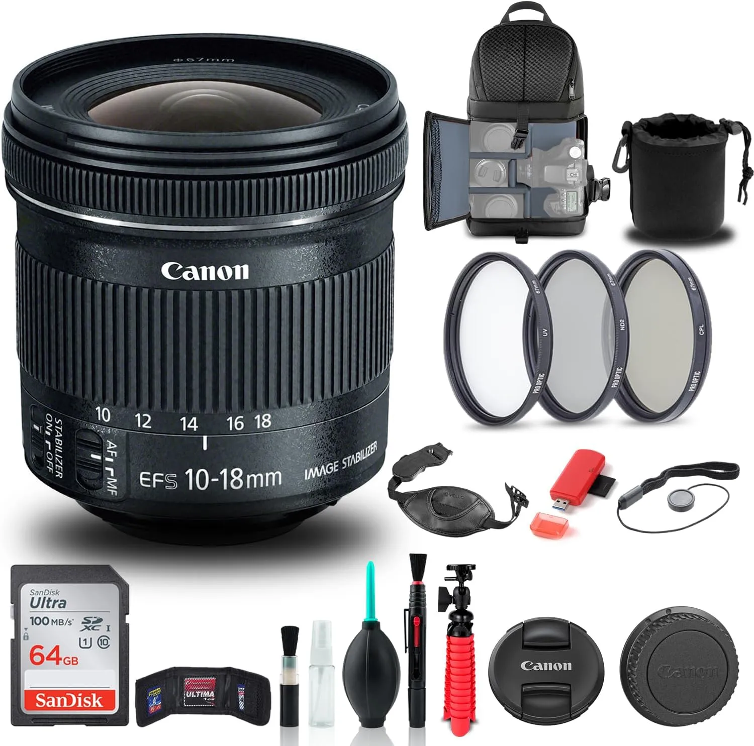 Canon EF-S 10-18mm f/4.5-5.6 is STM Lens (9519B002)   Filter Kit   Backpack   64GB Card   Lens Pouch   Card Reader   Tripod   Memory Wallet   Cap Keeper   Cleaning Kit   Hand Strap   More (Renewed)