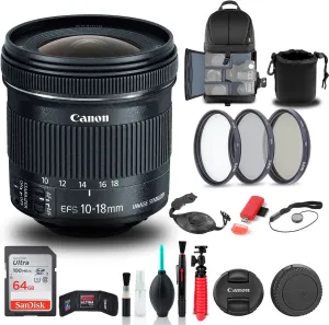 Canon EF-S 10-18mm f/4.5-5.6 is STM Lens (9519B002)   Filter Kit   Backpack   64GB Card   Lens Pouch   Card Reader   Tripod   Memory Wallet   Cap Keeper   Cleaning Kit   Hand Strap   More (Renewed)