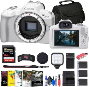 Canon EOS R50 Mirrorless Camera (White) (5812C002)   Rode VideoMic   64GB Card   Corel Photo Software   Bag   Charger   2 x LPE17 Battery   Card Reader   LED Light   Flex Tripod   More (Renewed)