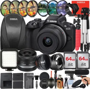 Canon EOS R50 Mirrorless Camera with RF-S 18-45mm Lens   2 Pack 64GB Memory Card   Backpack   Tripod   Wideangle   Microphone   MegaAccessory Bundle