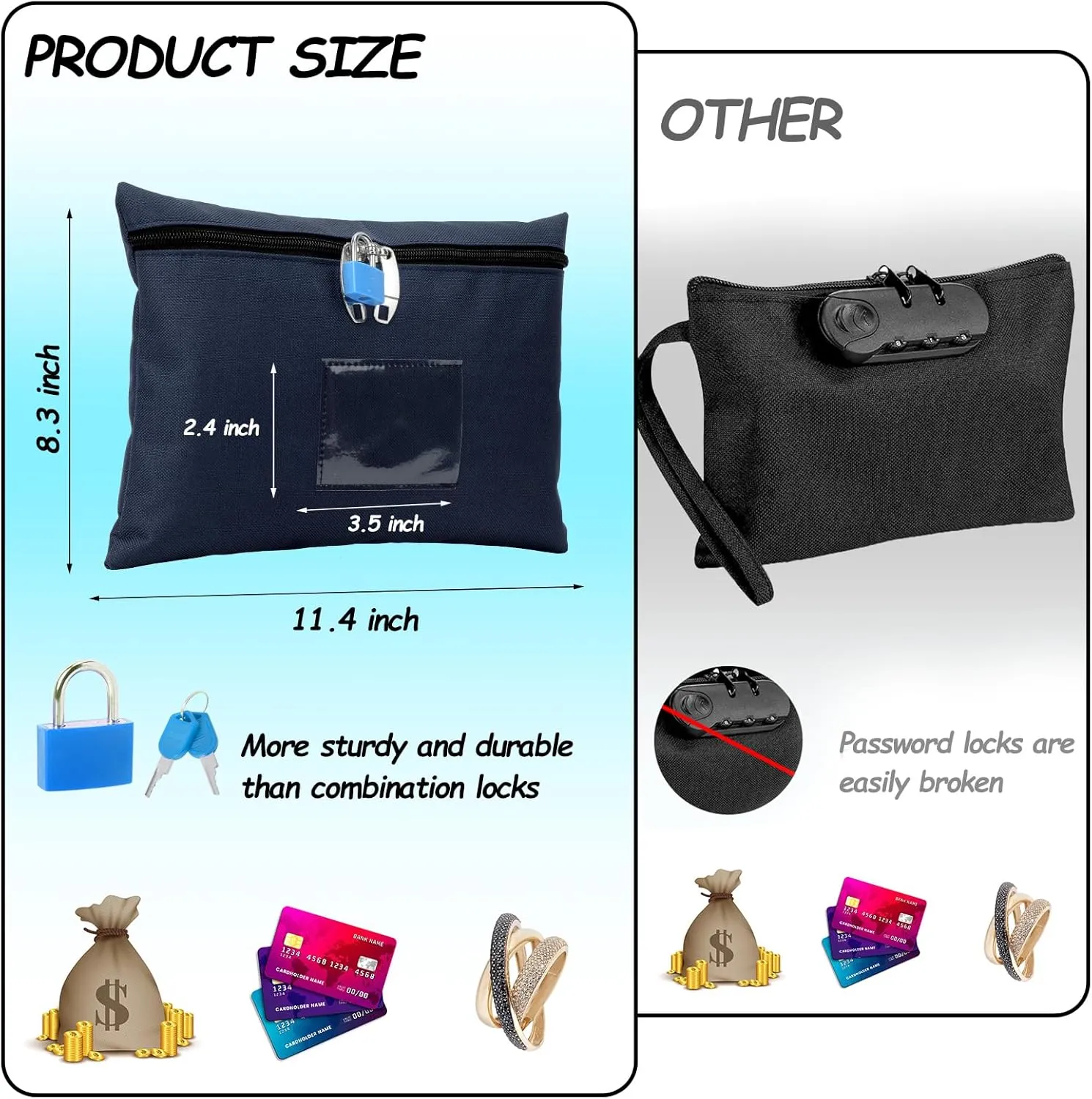 Canvas Cash Bag with Lock and 2 Keys - 11.4 x 8.3 Inch Money Bank Deposit Bag with Zipper (Blue)