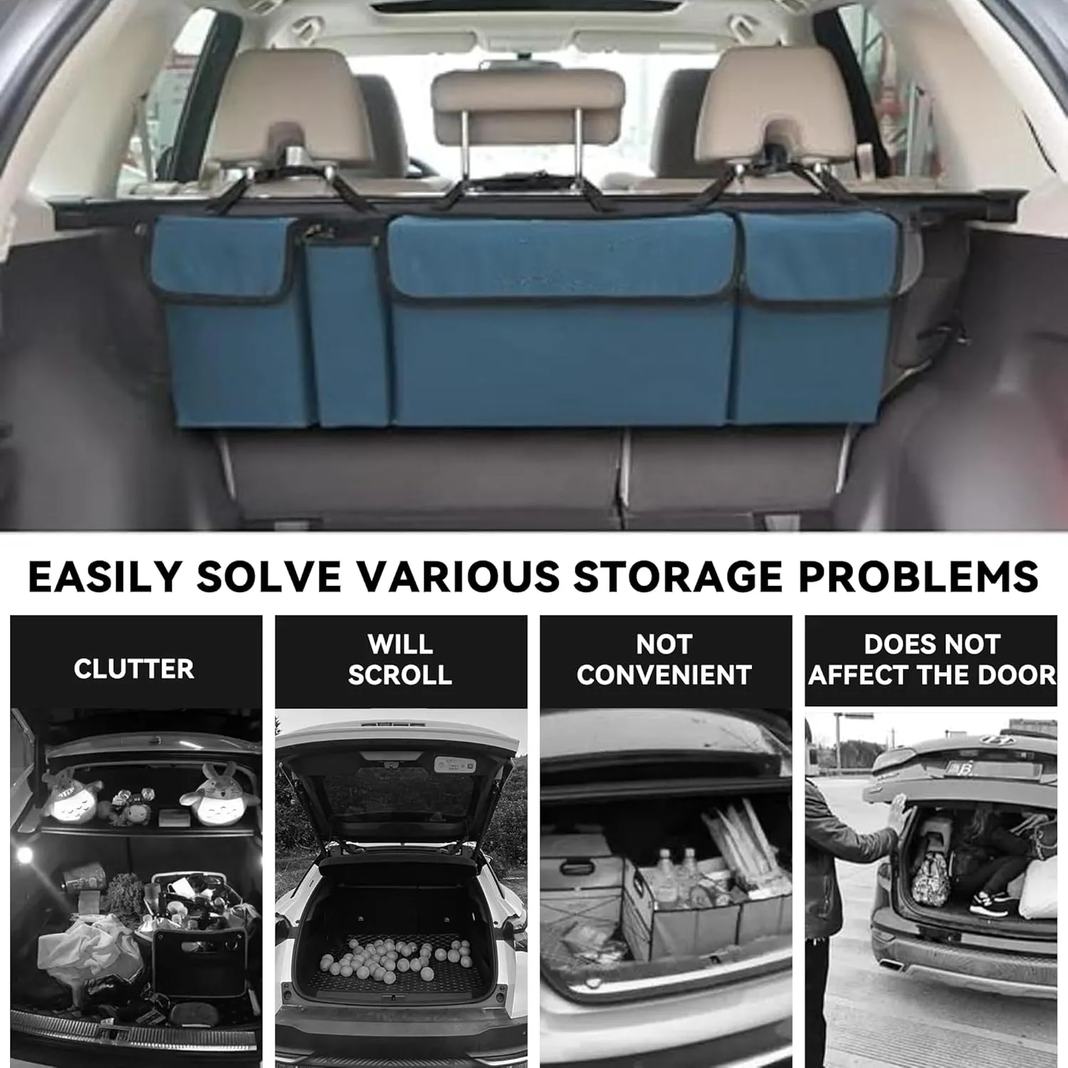 Car Trunk Organizer, Backseat Hanging Large Storage with Adjustable Straps,Waterproof PVC Collapsible Cargo Bag, Car Interior Accessories for Auto SUV MPV (Blue)