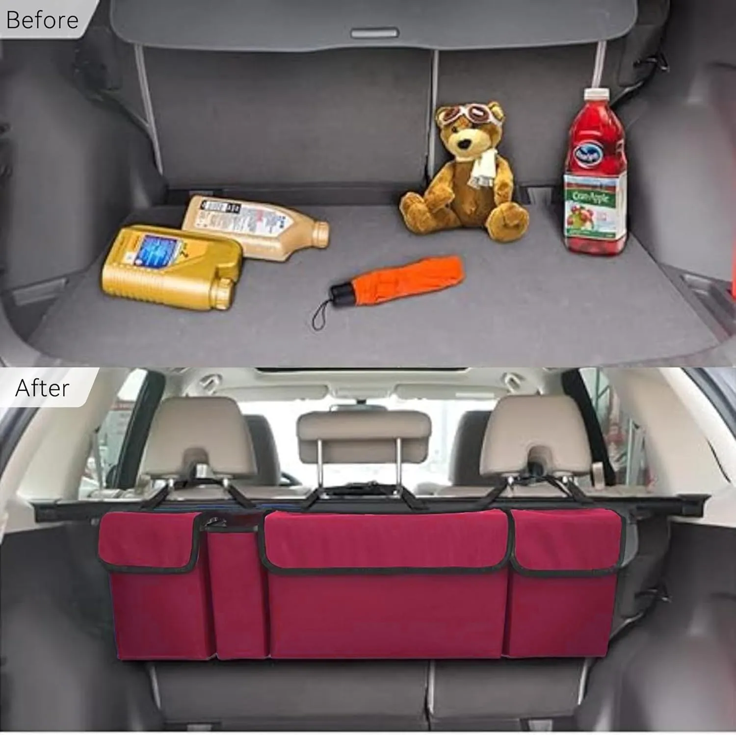 Car Trunk Organizer, Backseat Hanging Large Storage with Adjustable Straps,Waterproof PVC Collapsible Cargo Bag, Car Interior Accessories for Auto SUV MPV (Red)