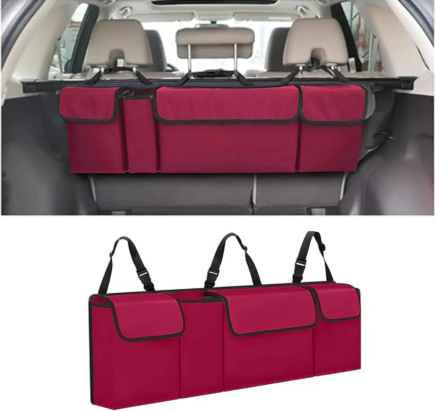 Car Trunk Organizer, Backseat Hanging Large Storage with Adjustable Straps,Waterproof PVC Collapsible Cargo Bag, Car Interior Accessories for Auto SUV MPV (Red)