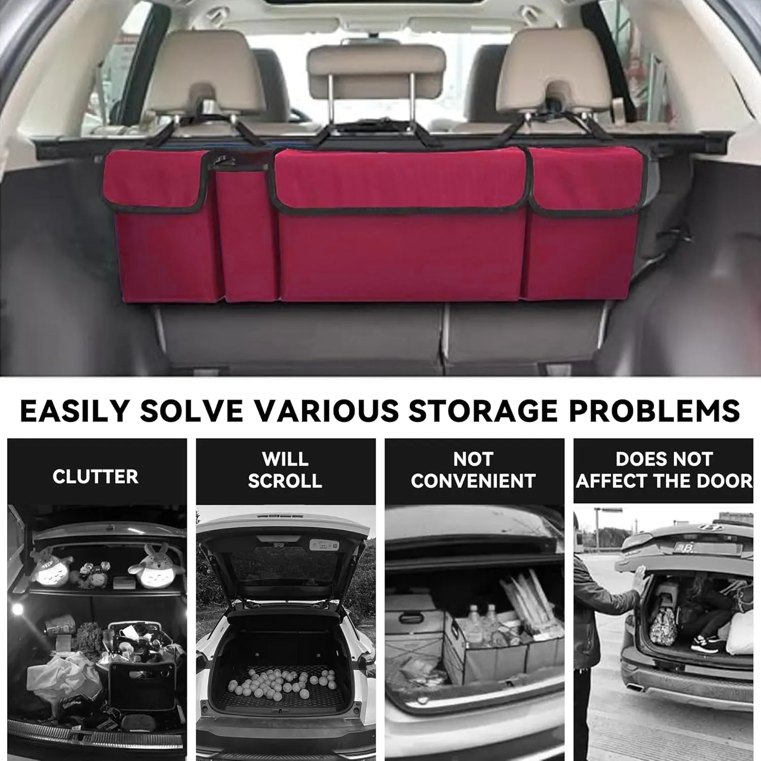 Car Trunk Organizer, Backseat Hanging Large Storage with Adjustable Straps,Waterproof PVC Collapsible Cargo Bag, Car Interior Accessories for Auto SUV MPV (Red)