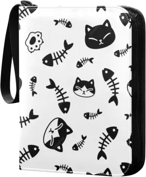 Card Binder 4 Pocket Trading Card Binder Holds 400 Cards with 50 Removable Sleeves for Boys Girls Game Cards Sports Cards Black Cat Fish Bones