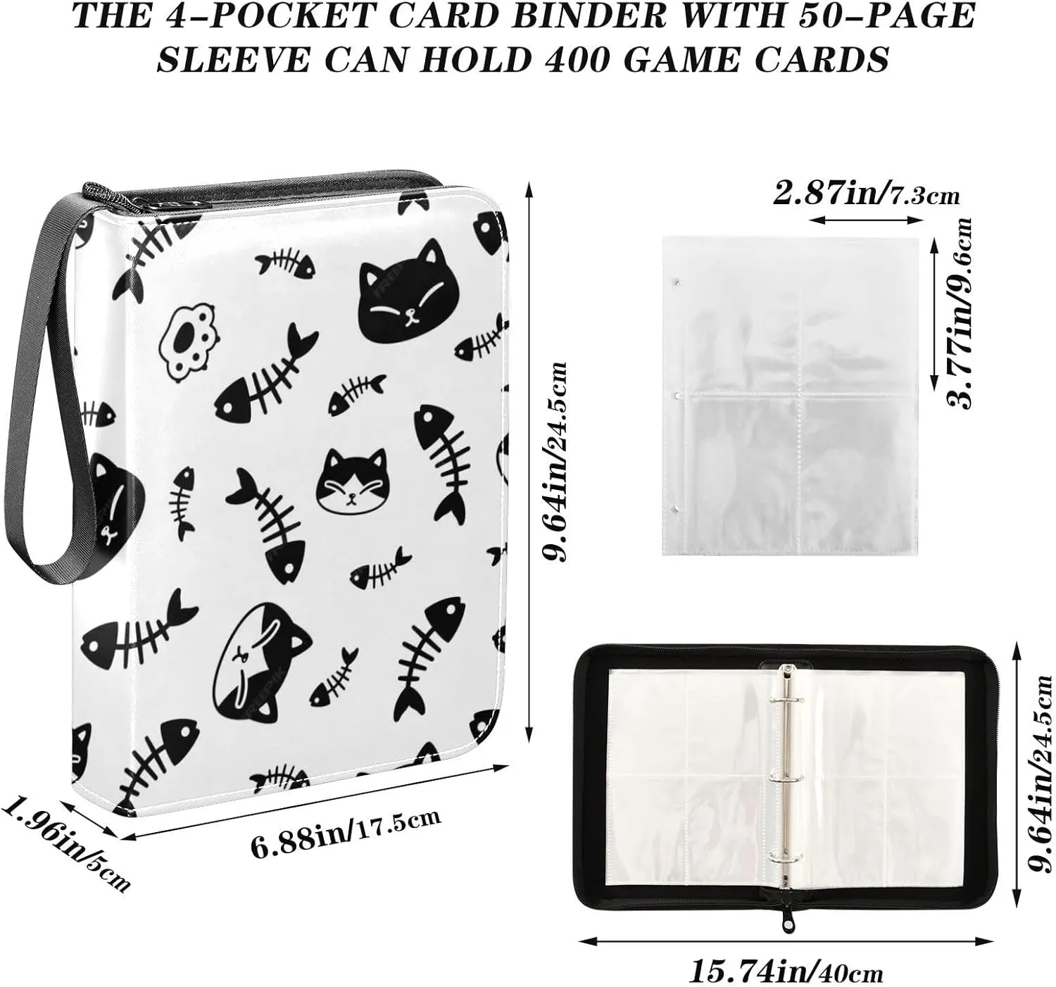 Card Binder 4 Pocket Trading Card Binder Holds 400 Cards with 50 Removable Sleeves for Boys Girls Game Cards Sports Cards Black Cat Fish Bones