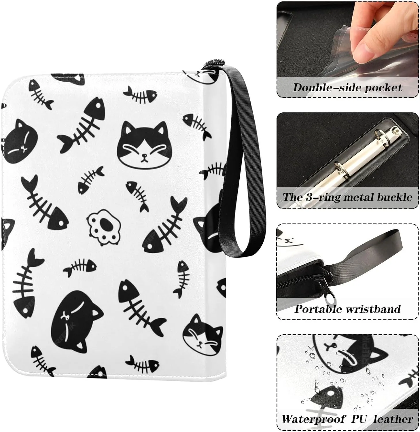 Card Binder 4 Pocket Trading Card Binder Holds 400 Cards with 50 Removable Sleeves for Boys Girls Game Cards Sports Cards Black Cat Fish Bones