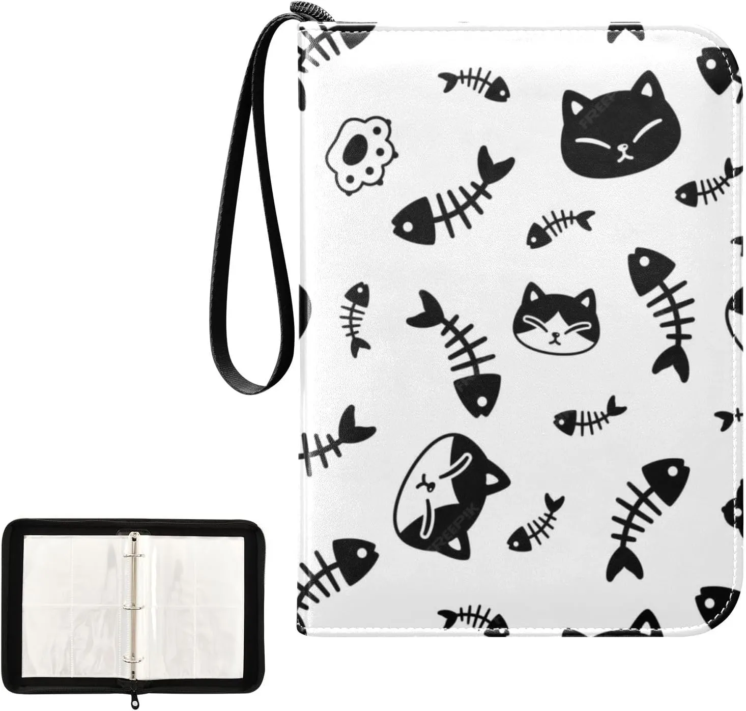 Card Binder 4 Pocket Trading Card Binder Holds 400 Cards with 50 Removable Sleeves for Boys Girls Game Cards Sports Cards Black Cat Fish Bones